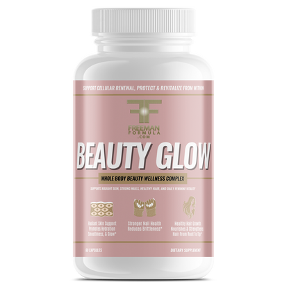 Supplement bottle labeled 'Beauty Glow' on a white background