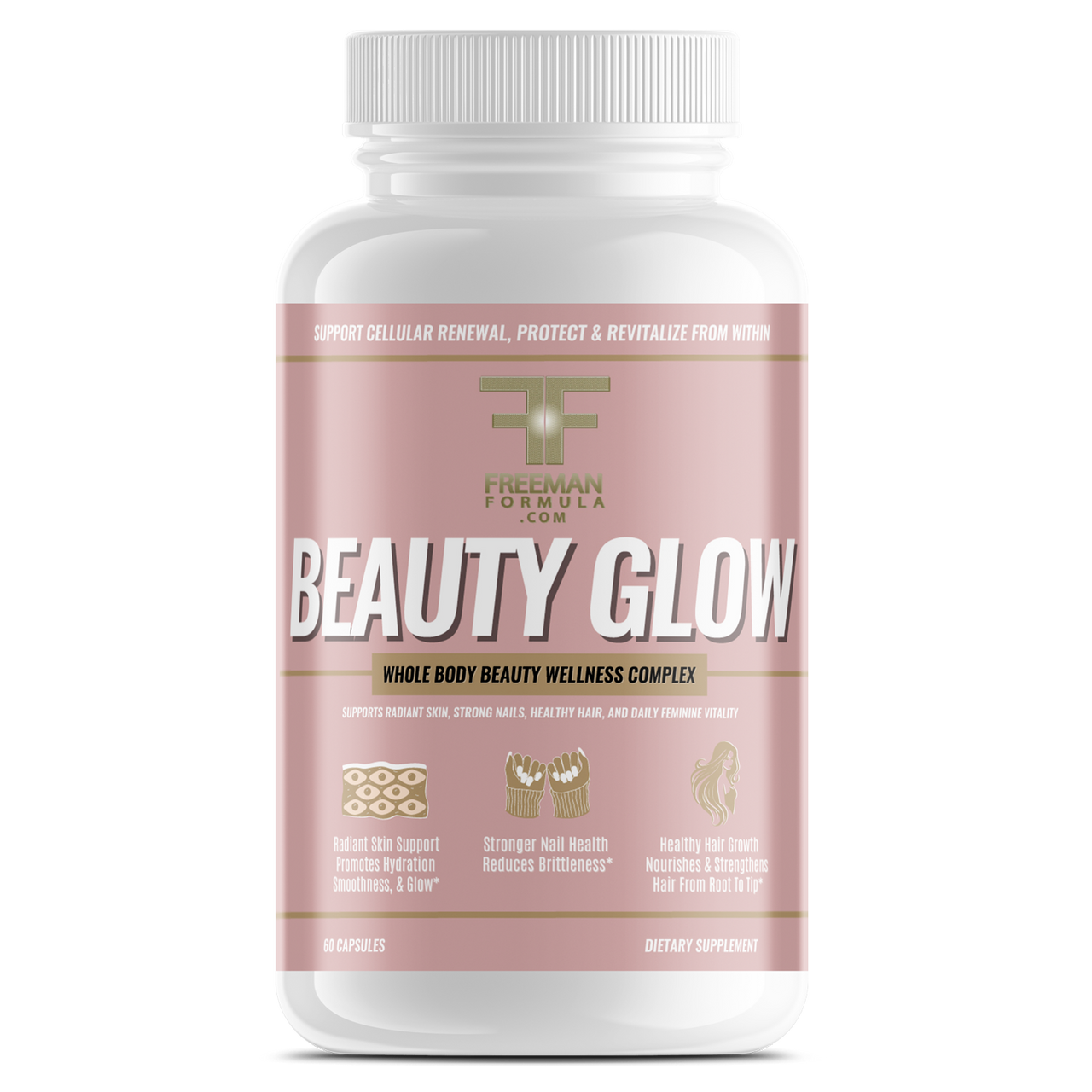 Supplement bottle labeled 'Beauty Glow' on a white background