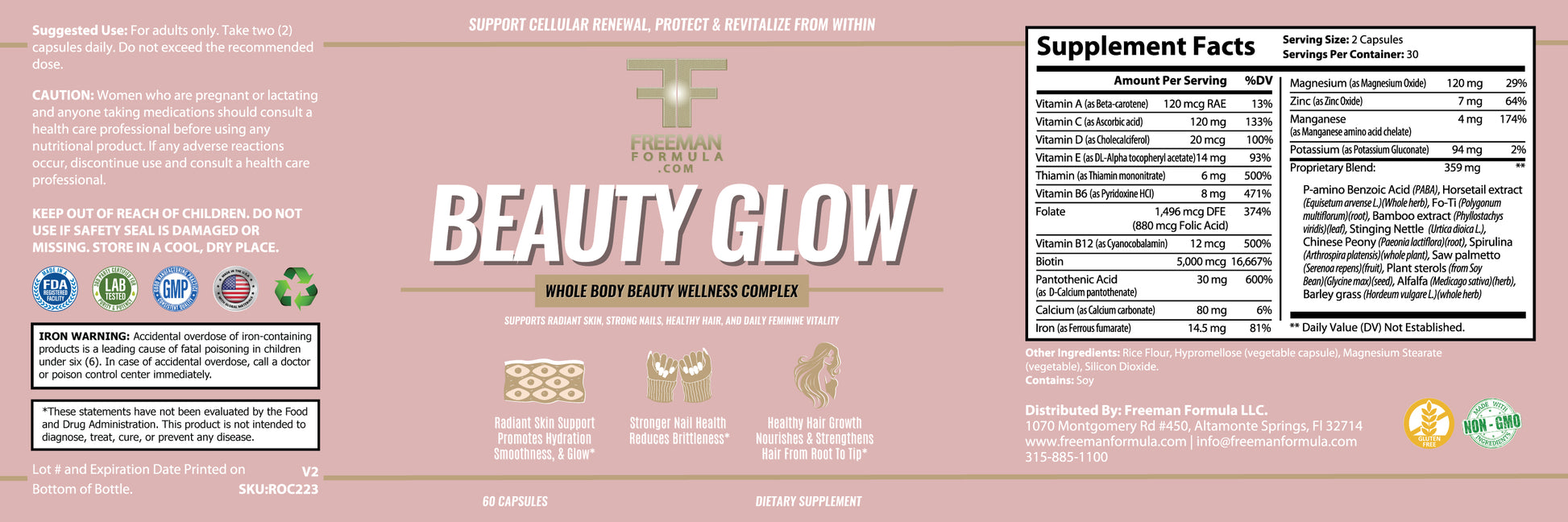 Supplement label for 'Beauty Glow' with supplement facts on a pink background