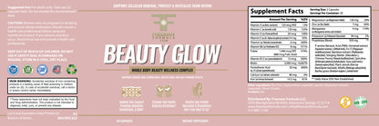 Supplement label for 'Beauty Glow' with supplement facts on a pink background