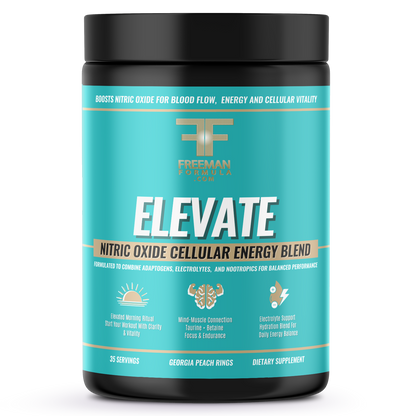 Supplement container labeled 'Elevate' by Freeman Sports Nutrition on a white background