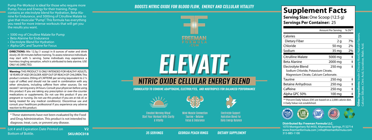 Supplement label for 'Elevate' nitric oxide cellular energy blend with brand logo and ingredient list.