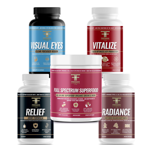 Freeman Formula supplement stack featuring Visual Eyes, Relief, Full Spectrum Superfood, Vitalize, and Radiance bottles on transparent background.