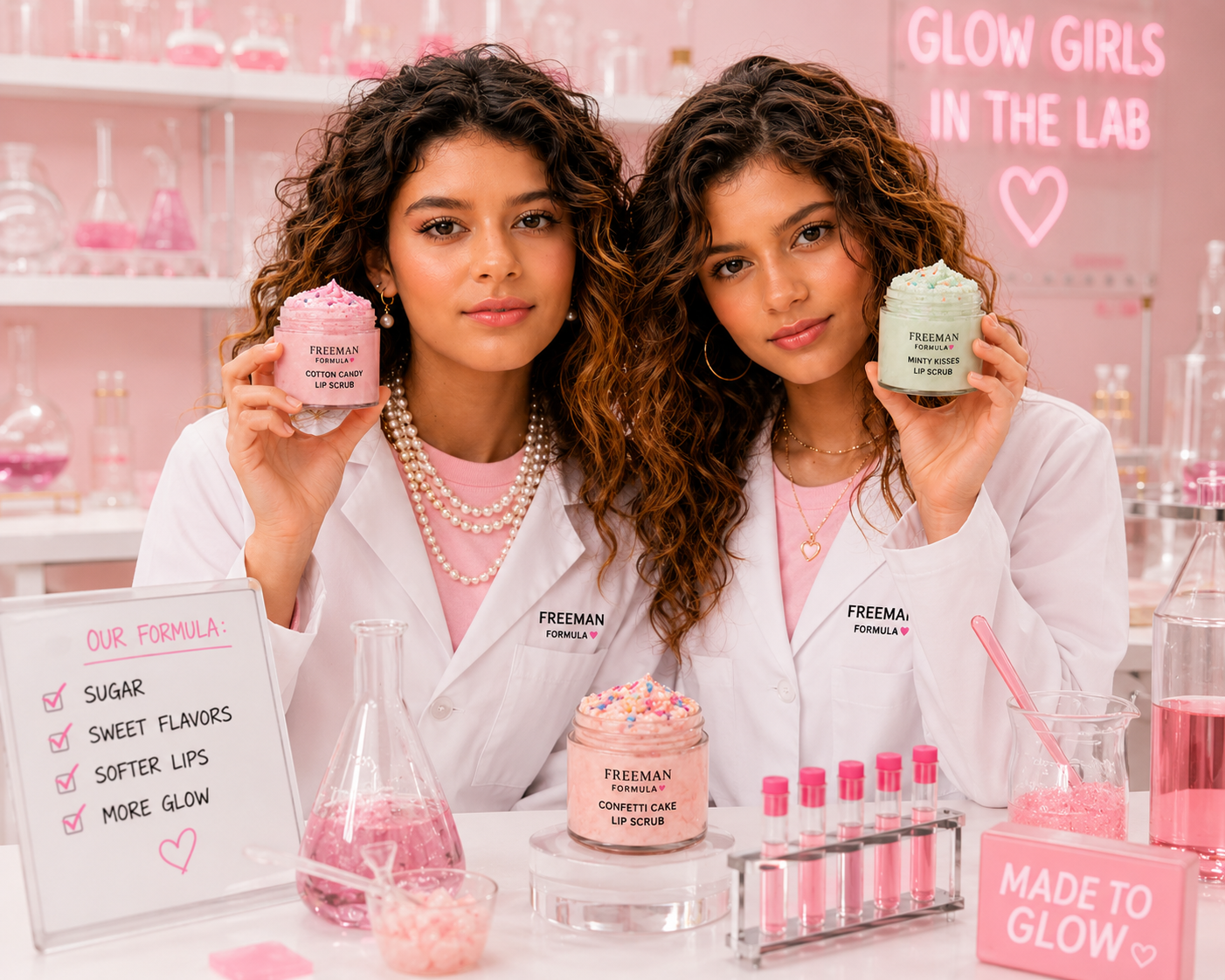 Two girls in white lab coats holding Freeman Formula Glow Lip Scrubs in a pink beauty lab with Cotton Candy, Minty Kisses, and Confetti Cake flavors displayed on a skincare table.