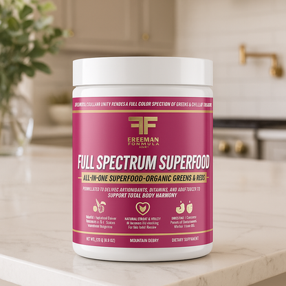 Freeman Formula Full Spectrum Superfood on white marble kitchen counter – lifestyle image