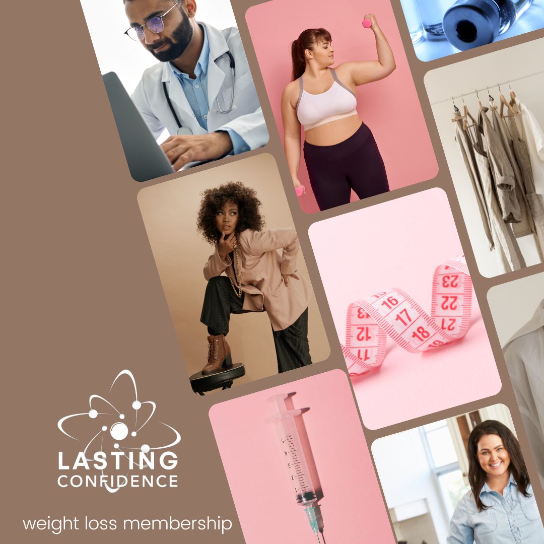 Collage of images related to weight loss with 'Lasting Confidence' branding.