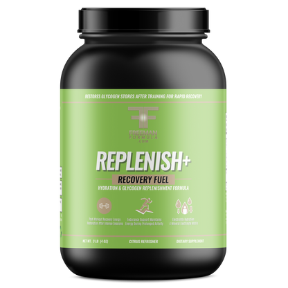 A sleek, black cylindrical bottle mockup labeled “Replenish”  Recovery Fuel from Freeman Formula is styled in a minimalist flat lay. The label features refined gold typography and subtle elemental graphics, evoking hydration, recovery, and scientific nourishment.