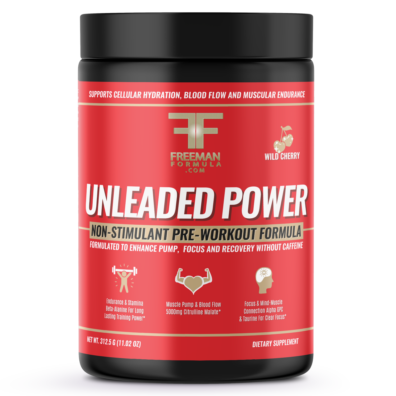 Freeman Formula Unleaded Power non-stimulant pre-workout formula bottle designed to boost energy, strength, and focus without caffeine or jitters. 