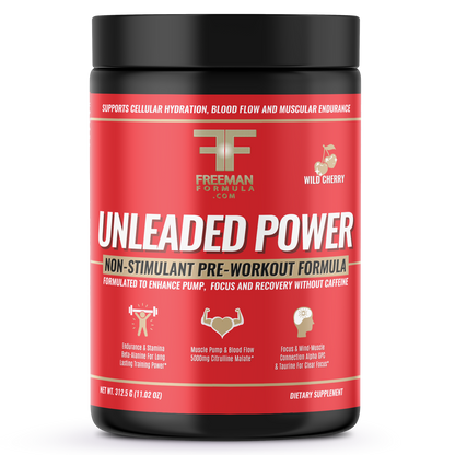Freeman Formula Unleaded Power non-stimulant pre-workout formula bottle designed to boost energy, strength, and focus without caffeine or jitters. 