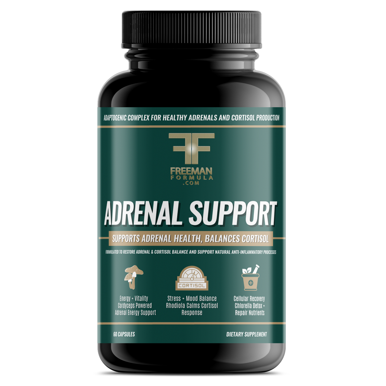 Freeman Formula Adrenal Support supplement promotes adrenal health, balances cortisol levels, reduces stress, and supports sustained energy and focus.