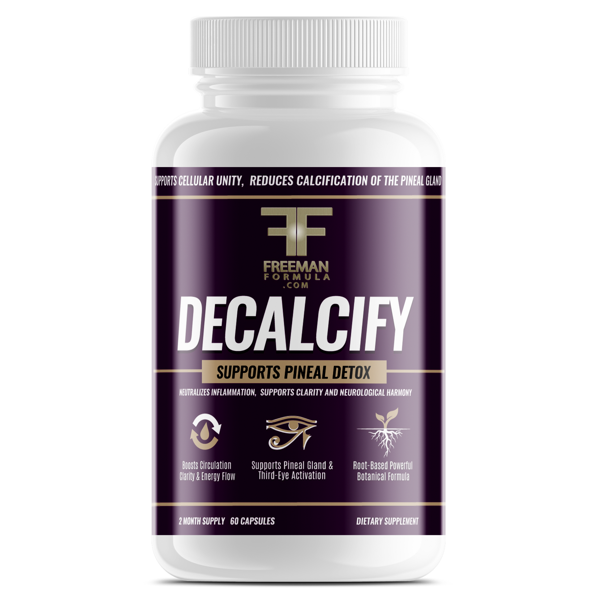 Freeman Formula Decalcify supplement supports pineal gland detox, enhances mental clarity, and promotes spiritual awakening and cognitive balance.