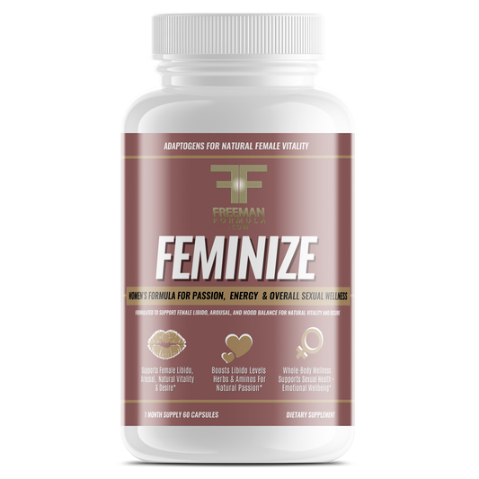 Bottle of Freeman Formula Feminize women's vitality supplement designed to boost energy, balance hormones, and support female wellness.