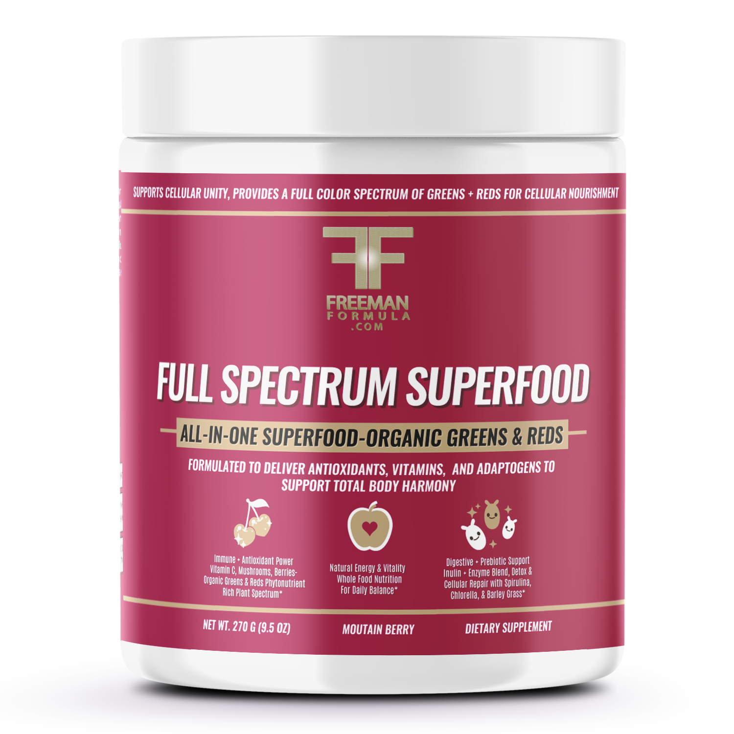 Freeman Formula Full Spectrum Superfood Mountain Berry flavor all-in-one organic greens and reds supplement container on white background