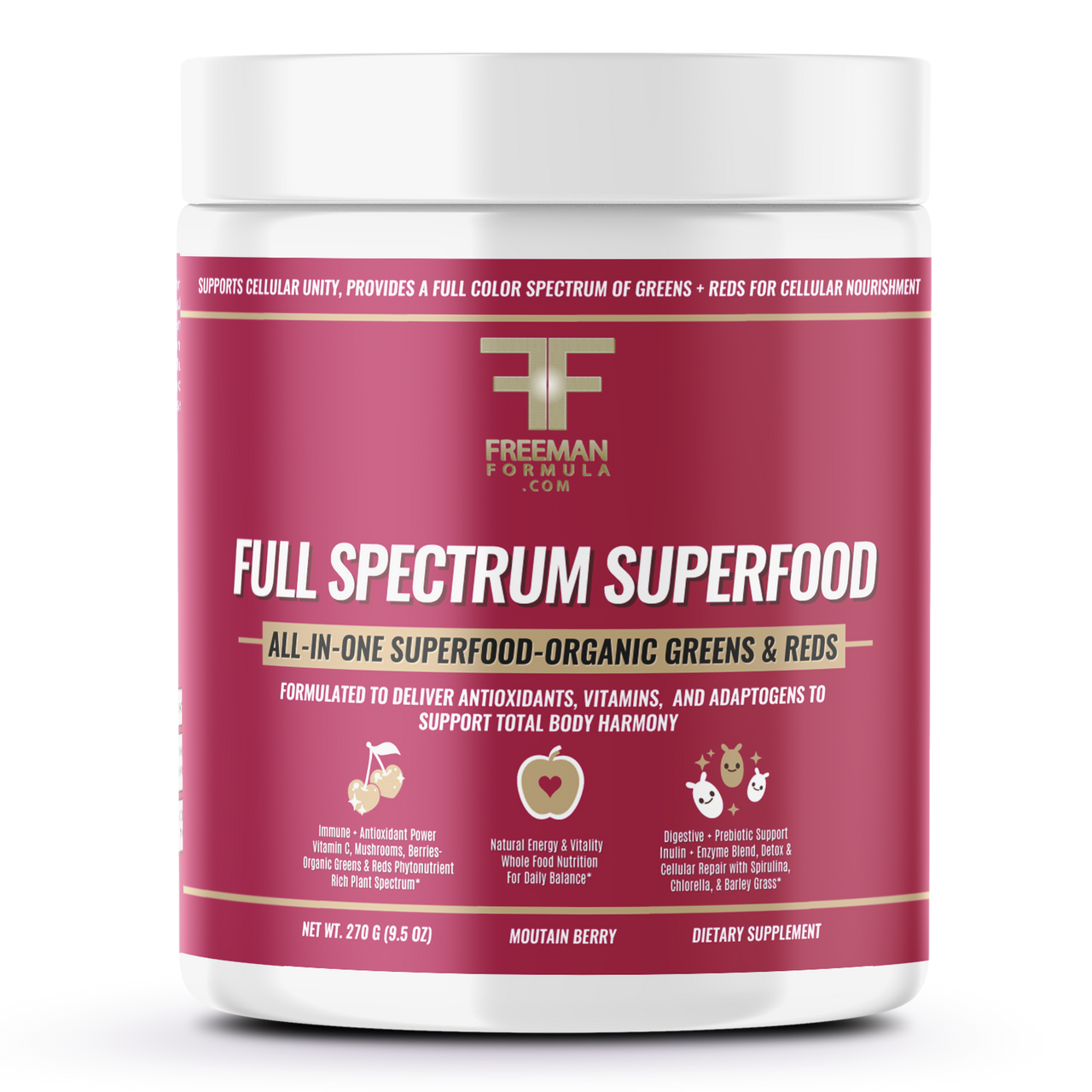 Freeman Formula Full Spectrum Superfood Mountain Berry flavor all-in-one organic greens and reds supplement container on white background