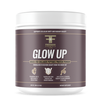 Freeman Formula Glow Up grass-fed collagen peptides protein powder for radiant skin, strong hair and nails, and healthy joint support.
