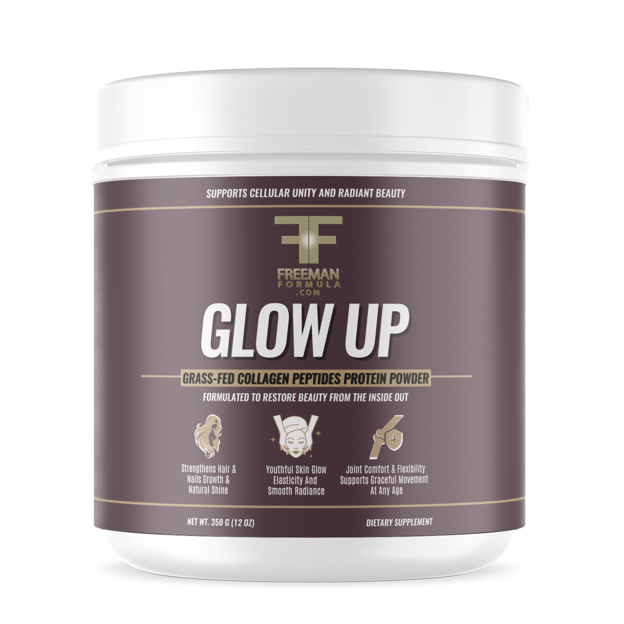 Freeman Formula Glow Up grass-fed collagen peptides protein powder for radiant skin, strong hair and nails, and healthy joint support.