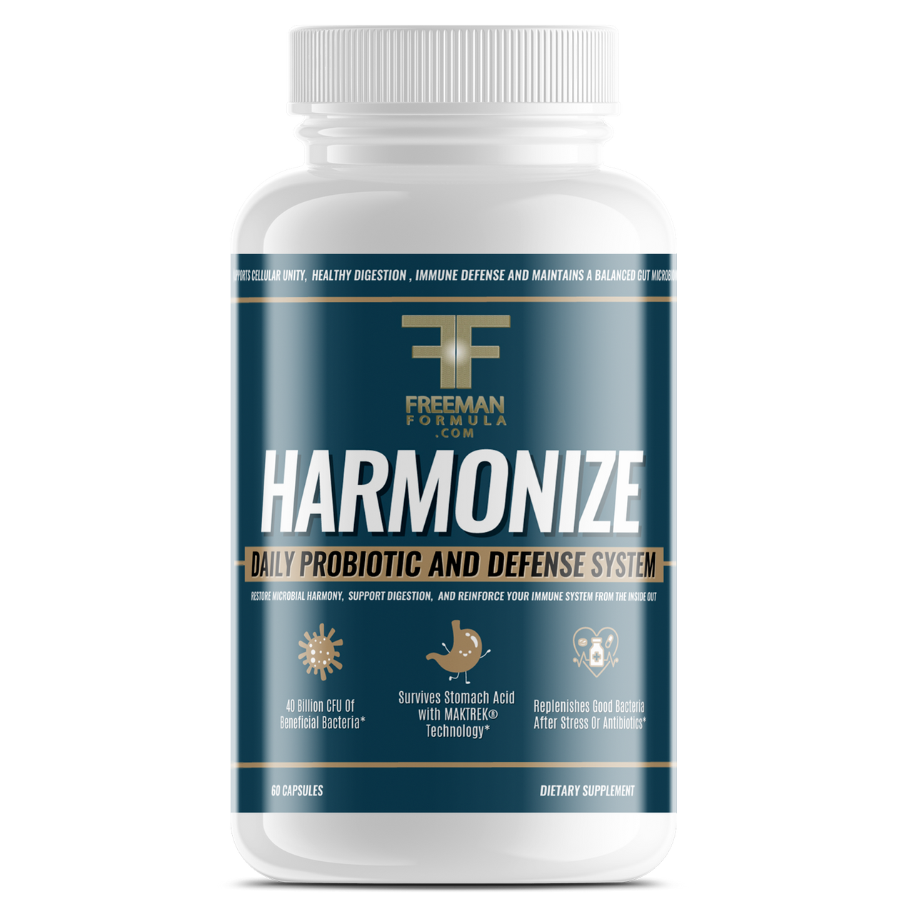 Freeman Formula Harmonize Daily Probiotic and Defense System supplement bottle designed to support gut health, strengthen immune defense, and promote digestive balance.