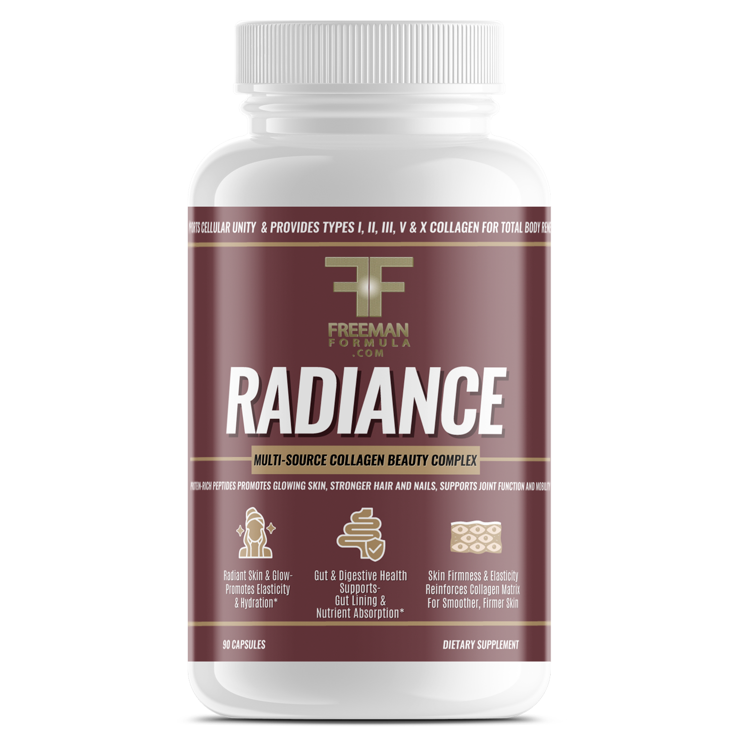 Freeman Formula Radiance Multi-Source Collagen Beauty Complex supplement bottle, formulated to support healthy skin, hair, nails, and joint elasticity.