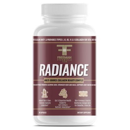Freeman Formula Radiance Multi-Source Collagen Beauty Complex supplement bottle, formulated to support healthy skin, hair, nails, and joint elasticity.