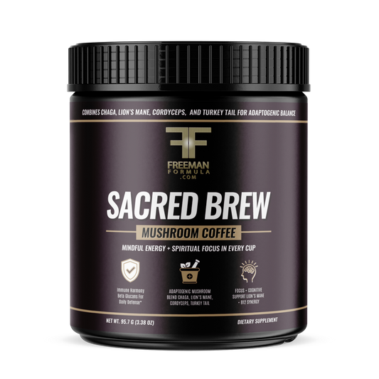 Freeman Formula Sacred Brew mushroom coffee blend made with adaptogenic mushrooms to boost focus, energy, and immunity without caffeine crashes.