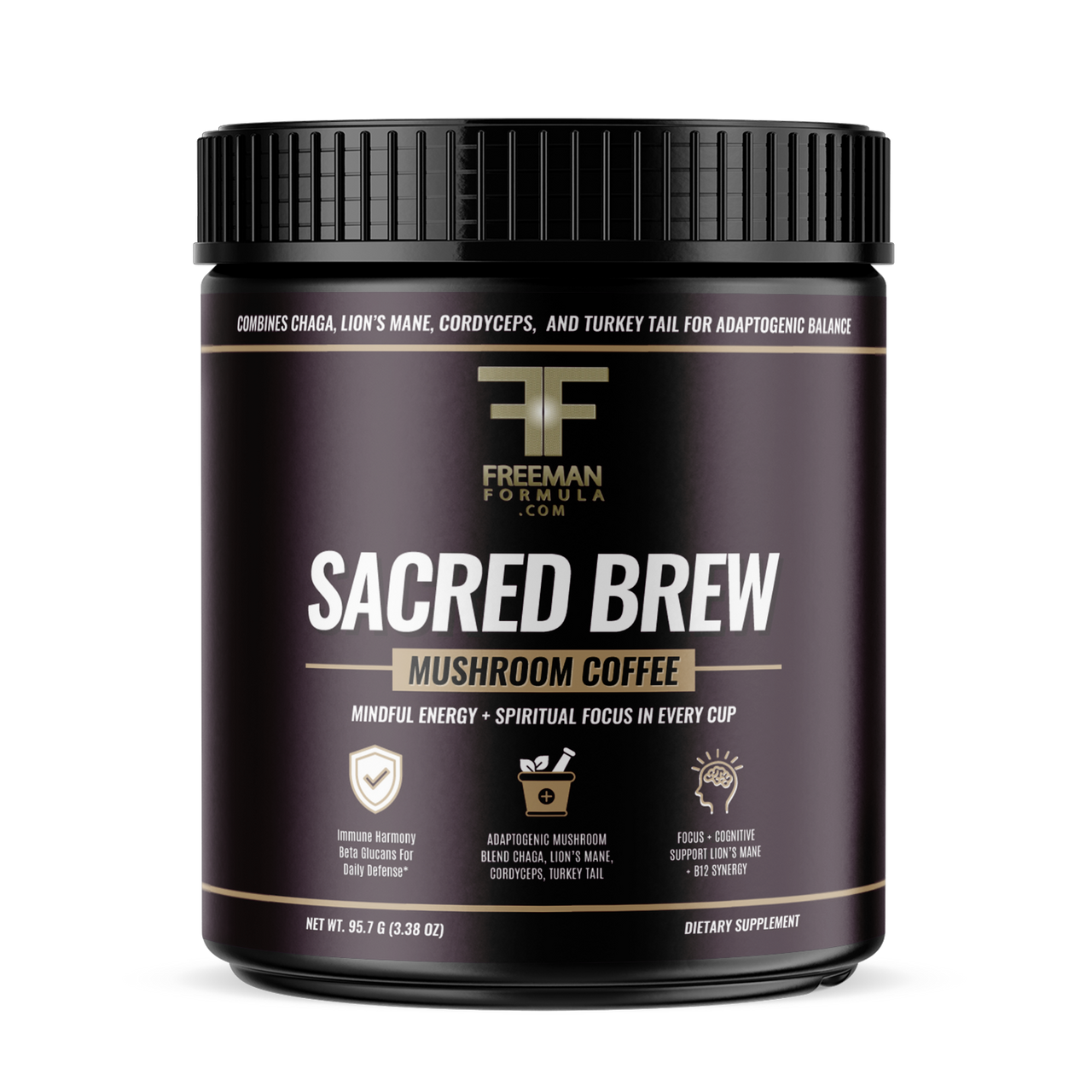 Freeman Formula Sacred Brew mushroom coffee blend made with adaptogenic mushrooms to boost focus, energy, and immunity without caffeine crashes.