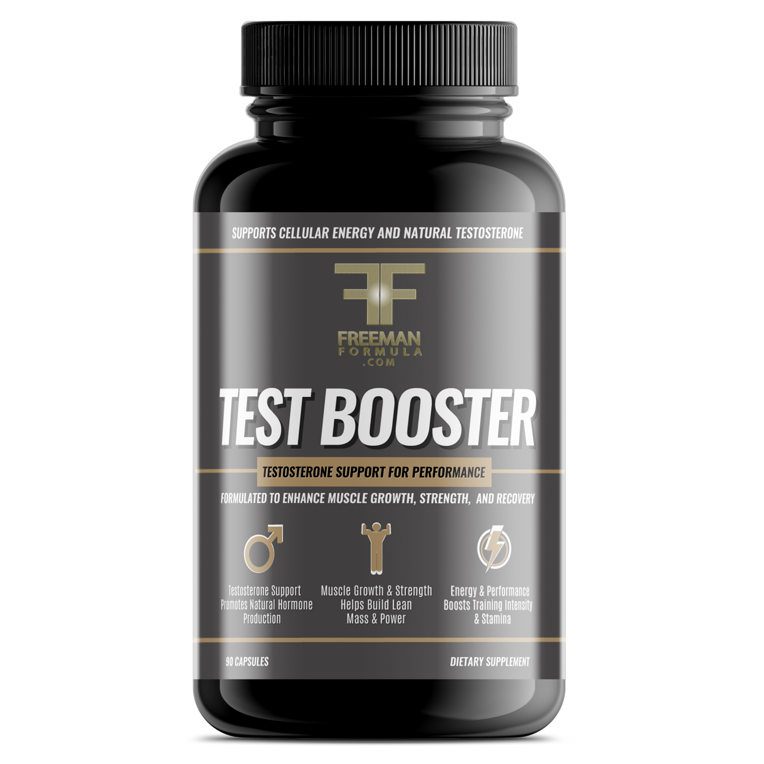 Freeman Formula Test Booster supplement bottle designed to support natural testosterone, muscle growth, strength, and performance recovery.
