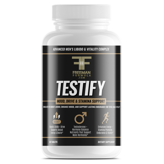 Bottle of Freeman Formula Testify men's supplement designed to boost libido, enhance mood, and support stamina and testosterone balance.