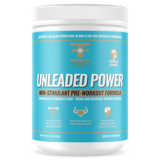 Freeman Formula Unleaded Power non-stimulant pre-workout formula designed to boost energy, strength, and focus without caffeine or jitters.