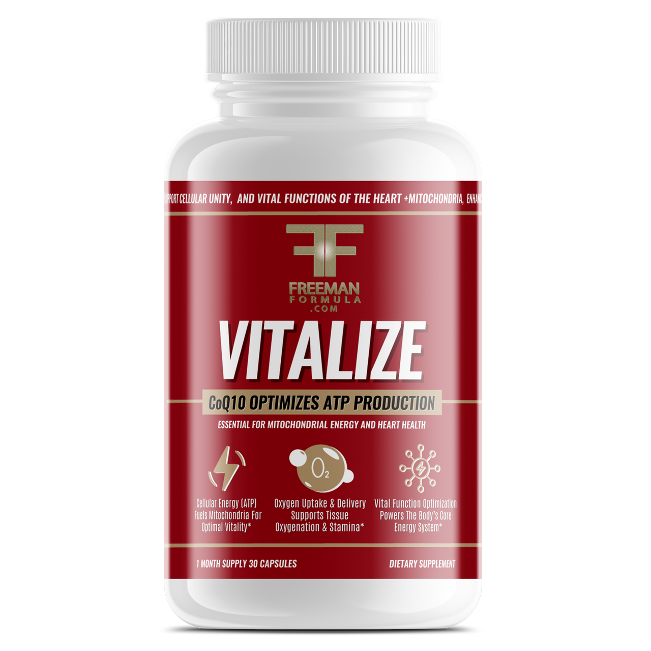 Freeman Formula Vitalize CoQ10 supplement bottle designed to optimize ATP production, support cellular energy, and promote heart health.